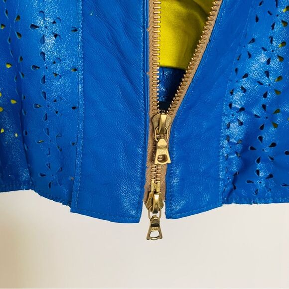 dianaira Royal Blue Perforated Floral Pattern Lambskin Leather Blazer Jacket - Picture 3 of 9